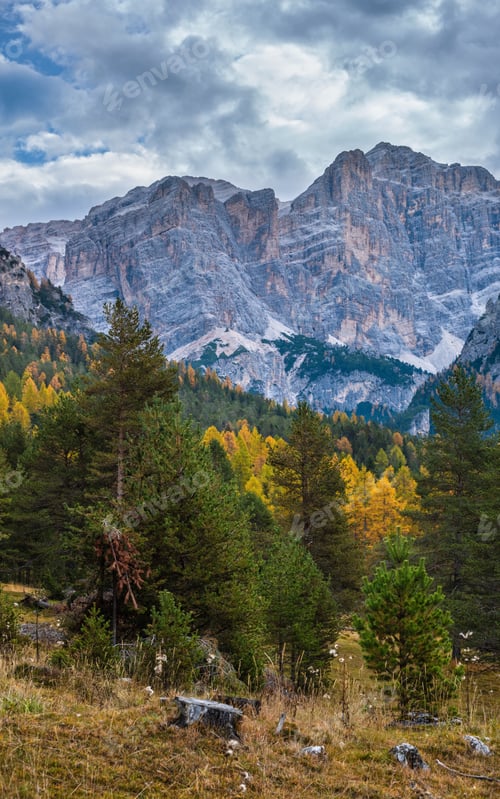 Preview: Overcast Morning Autumn Alpine Dolomites Mountain Scene. Peaceful View Near Valparola Pass