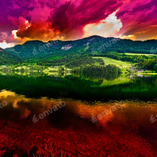 Preview: Austrian Landscape With Forests, Meadows, Fields And Pastures Surrounding The Lake Grunlsee On The