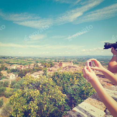 Preview: Aerial View Of The Medieval City Gimignano And Surrounding Tuscan Landscape In Italy, Vintage Style