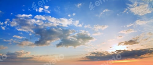 Preview: Summer Sunrise Blue Sky Panorama With Fleese Clouds. Summer Morning Good Weather Background.