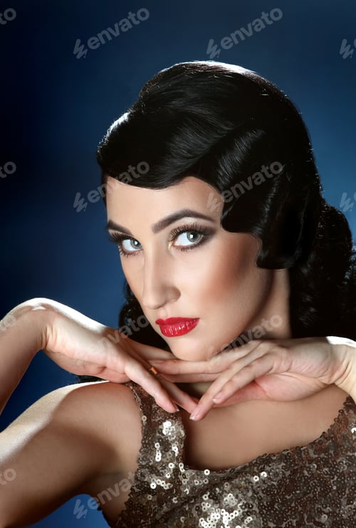 Preview: Beautiful Young Woman. Stylish Hairstyle, Make-Up Art. Vivid Emotions. Retro Style.