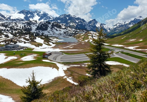 Preview: Summer Mountain View To Small Kalbelesee Lake And Snow Thawing Meadow (Warth, Vorarlberg, Austria).