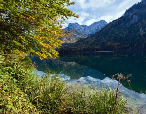 Preview: Sunny Idyllic Colorful Autumn Alpine View. Peaceful Mountain Lake With Clear Transparent Water And