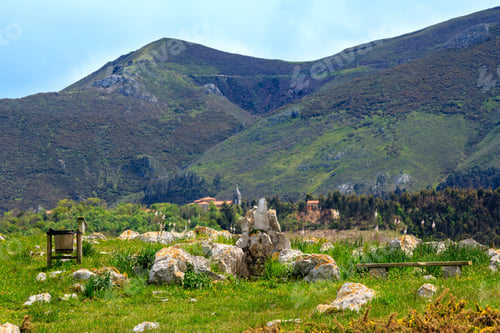 Preview: Place Of Rest On Summer Blossoming Glade And Mountain Behind Near Camango, Asturias (Spain).