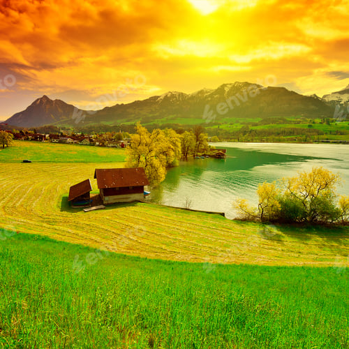 Preview: Lake Sarner On The Background Of Snow-Capped Alps, Switzerland