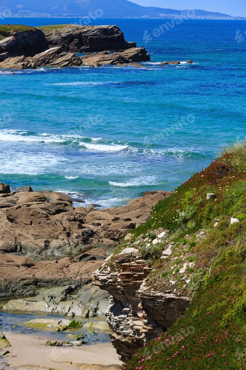 Vista previa: Summer Blossoming Atlantic Coastline Landscape With Pink Flowers (Los Castros Beach, Spain).