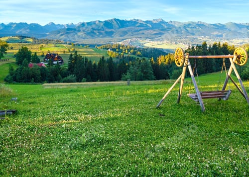 Preview: Summer Morning Hazy Mountain Village View And Swing In Front (Tatra Range Behind, Gliczarow Gorny