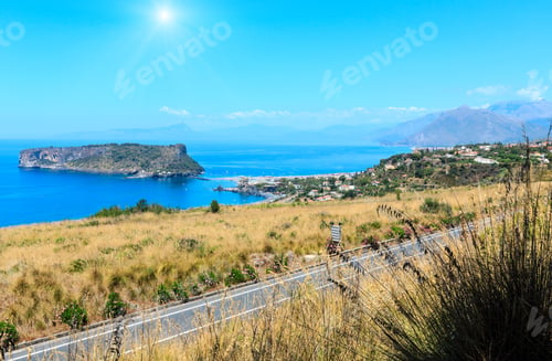 Preview: Beautiful Sunshiny Calabrian Tyrrhenian Sea Coastline Landscape And Small Rocky Island Isola Di