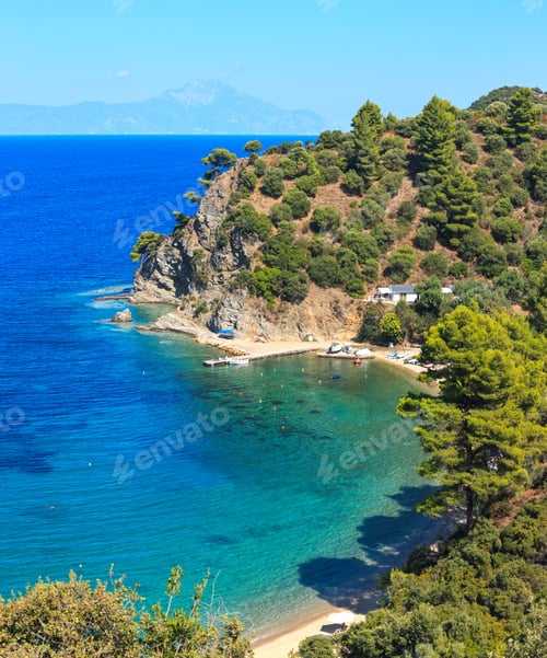 Preview: Aegean Sea Coast Landscape With Aquamarine Water And Mount Athos In Mist (Chalkidiki, Greece)