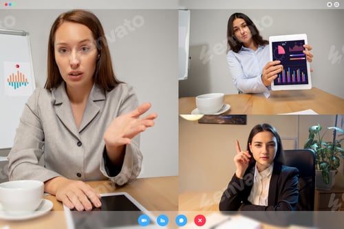 Preview: Improvement, Busy. Young Women Talking, Working In Videoconference With Co-Workers At Office Or