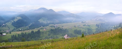 Preview: View On Morning Summer Mountain Village. Six Shots Stitch Image.