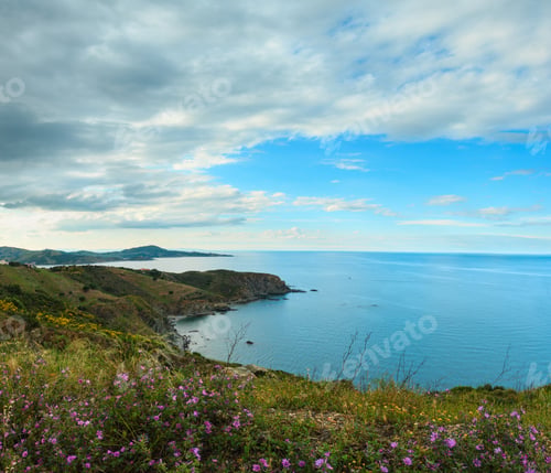 Preview: Mediterranean Sea Summer Evening Coastline Landscape With Purple Flowers. View From Cap Canadell