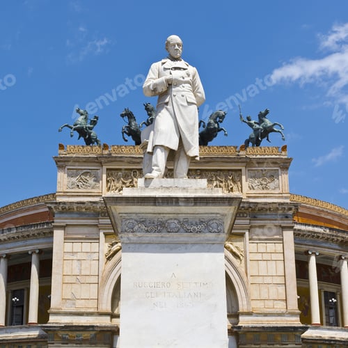 Preview: Statue Of Ruggiero Settimo On The Background Of The Politeama Theater In Palermo