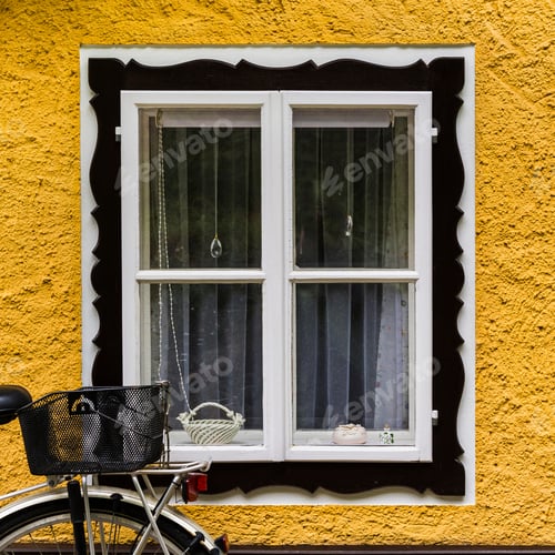 Preview: Bike At Home In The Austrian City Of Hallstatt On A Rainy Day. Typical Window Of A House In A Small