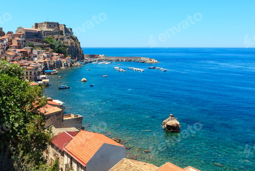 Preview: Summer Tyrrhenian Sea Coast And Beautiful Scilla Town View , Calabria, Italy. People Unrecognizable.