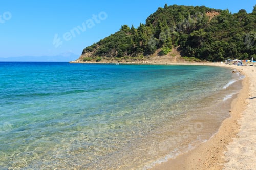 Preview: Aegean Sea Coast Landscape, View From Sandy Beach (Chalkidiki, Greece). Peoples Unrecognizable.