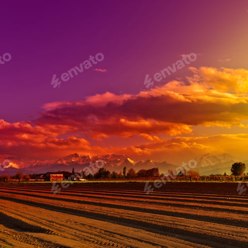 Preview: Farmhouse In Piedmont On The Background Of Snow-Capped Alps, Sunset, Instagram Effect
