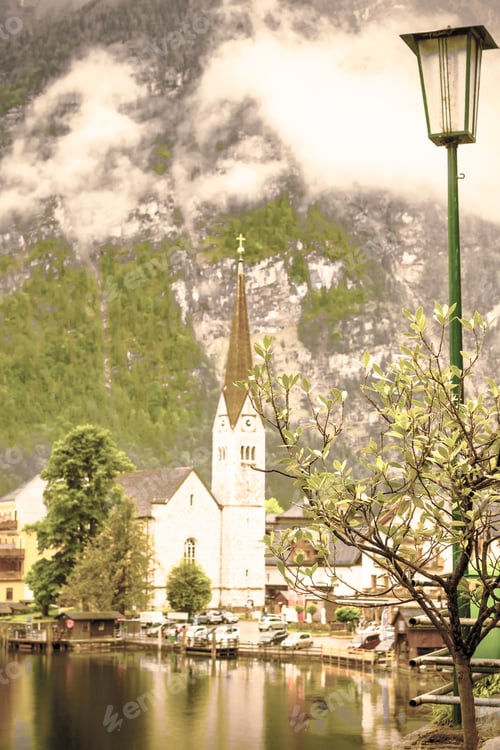 Preview: Neo-Gothic Evangelical Church Located Directly In The Centre Of Hallstatt In Austria. Rain, Morning