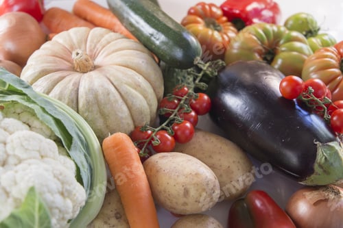 Preview: Still Life Of Fresh Vegetables, Cabbage, Eggplant, Pumpkins, Tomatoes, Potatoes And Peppers