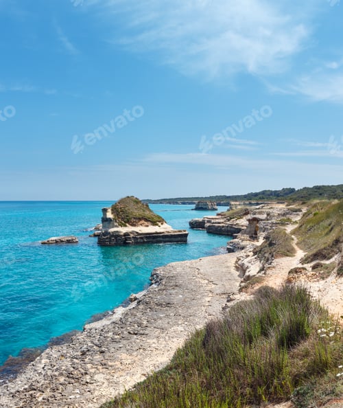Preview: Picturesque Seascape With White Rocky Cliffs, Sea Bay And Islets At Grotta Dello Mbruficu, Salento