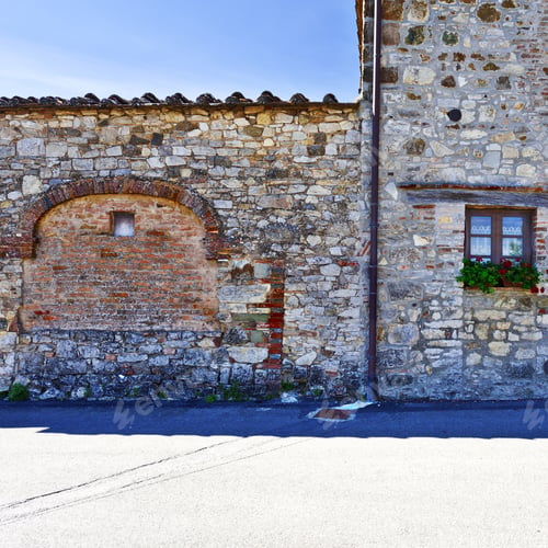 Preview: Facade Of Italian House With Closed Window Decorated With Fresh Flowers. Italian House Exterior