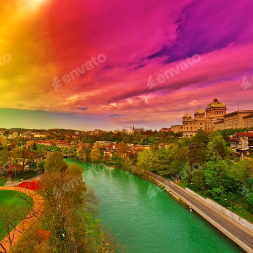 Preview: Bird'S Eye View Of The City Of Berne And River Aare, Sunset, Instagram Effect
