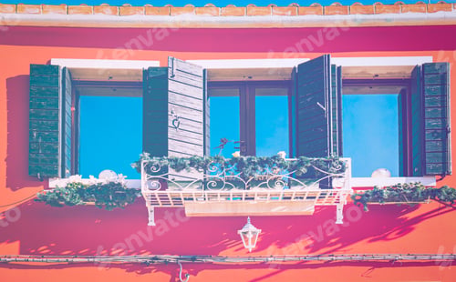 Preview: Italian Culture On Venetian Facades In Faded Color Effect. Venice Is Rich And Poor, Well-Groomed