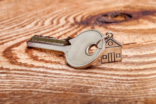 Preview: Door Key About A Charm In The Form Of A Lodge Against Texture Of A Tree.