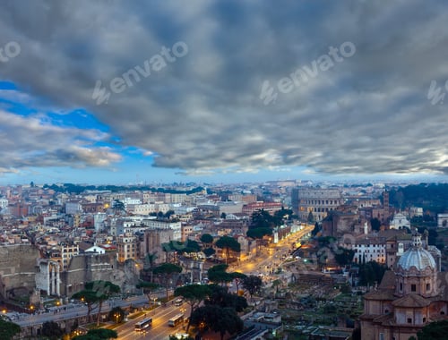 Preview: Ruins Of Roman Forum. Rome City Evening View From Ii Vittoriano Top, Italy. People Are