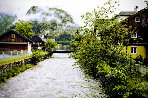 Preview: Morning Mist Over Embankment In The Austrian Village Hallstatt. Rain And Clouds In Rural Austria