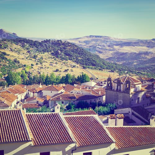 Preview: Aerial View To The Roofs Of White Spanish City Of Grazalema, Instagram Effect