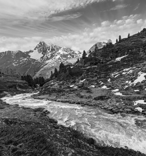 Preview: Grayscale. Summer Alps Mountain Stream On Way To Kaunertal Gletscher, Austria, Tirol.
