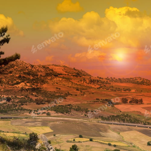 Preview: Landscape Of Sicilian Hills At Sunrise. Asphalt Road Elevated By Columns Due Of Frequent