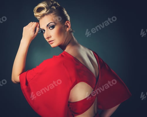Preview: Fashionable Woman In Red With Creative Hairstyle