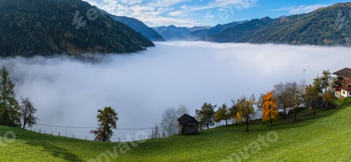 Preview: Sunny Idyllic Autumn Alpine Scene. Peaceful Misty Morning Alps Mountain View From Hiking Path From