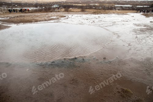 Preview: Steam Rising From Geyser Fumarole Volcanic Lava Field Panorama Geysir Iceland