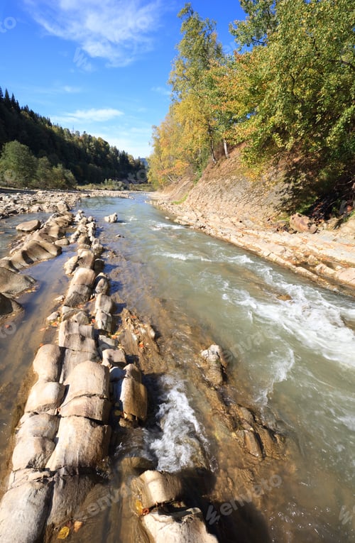 Preview: Autumn Mountain Stony River View With Some Rapids And Stony Edges