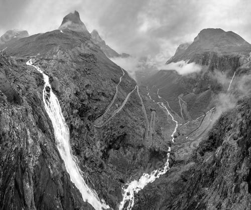 Preview: Grayscale. Summer Trollstigen Serpentine Mountain Path Road And Stigfossen Waterfall View From The