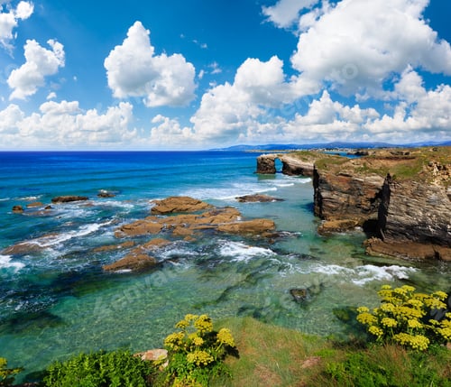 Preview: Blossoming Cantabric Coast Summer Landscape With Blue Picturesque Sky (Cathedrals Beach, Lugo