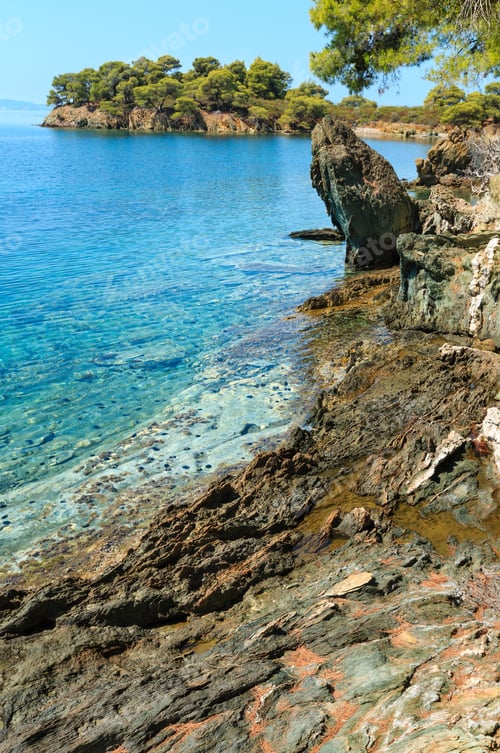 Preview: Morning Summer Aegean Sea Rocky Coast Landscape With Pine Trees On Shore, Sithonia (Near Ag