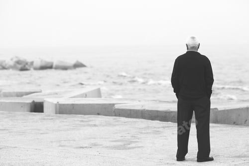 Preview: The Man Looking At The Sea. Image In Black And White.