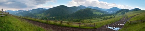 Preview: Summer Early Morning Mountain Landscape With Rural Dirty Road. Five Shots Stitch Image.