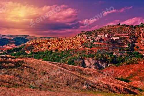 Preview: The Typical Sicilian Medieval Town On The Top Of The Mountain At Sunset