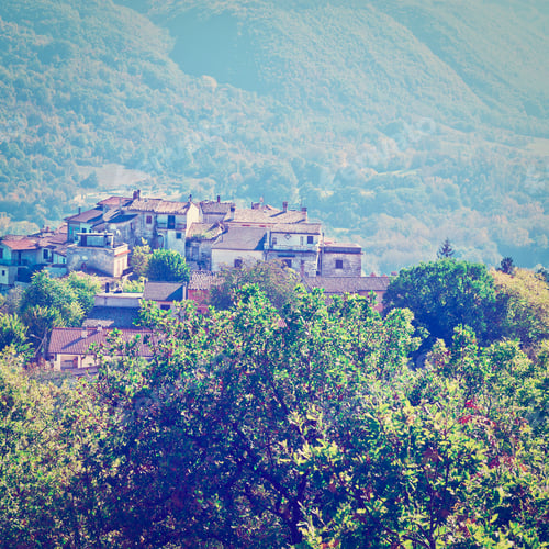 Preview: Medieval Italian City On A Hilltop Surrounded By Mountains Covered With Forests, Instagram Effect