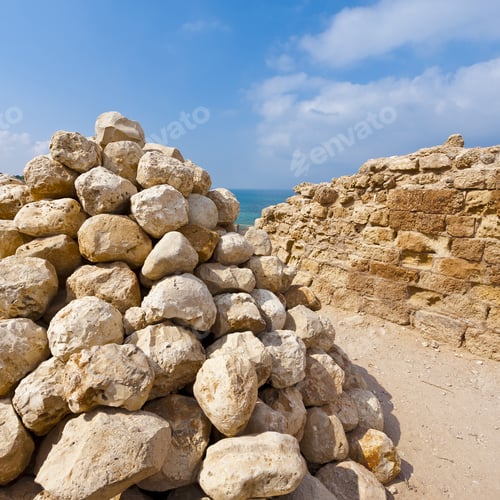 Preview: Ruins Of The Crusader Fortress Of The City Arsour In Israel. Ballista Stones Near The Inner Gate Of