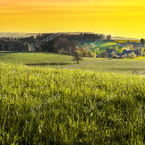 Preview: Small Village In Alps At Sunset. Swiss Landscape With Forests And Meadows Early In The Morning