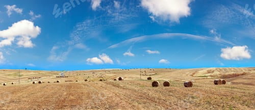 Preview: Beautiful Landscape Of Sicily Summer Countryside In Italy. Wheat Field With Haystacks. Four Shots