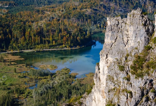 Preview: View From Up To Peaceful Mountain Lake With Clear Transparent Water And Reflections. Almsee Lake