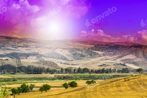Preview: Wheat Fields In Sicily After Harvesting. Sicilian Landscape At Sunrise, Hills, Flowers, Pasture And