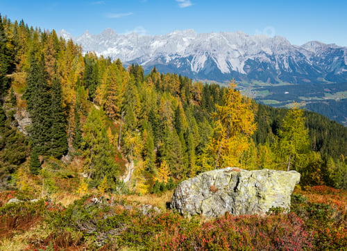 Preview: Peaceful Sunny Day Autumn Alps Mountain View. Reiteralm, Steiermark, Austria.